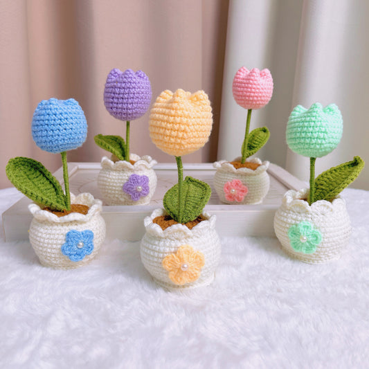 Handcrafted Crochet Tulip White Potted Plant with 5 Color Options - Pink, Purple, Yellow, Blue, Mint - Ideal for Home Decor, Birthday Anniversary Housewarming Gifts