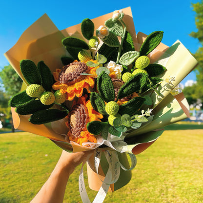 Handcrafted Crochet Gardenia Bouquet - Allergy-Friendly Gifting Gardenia, Sunflower, and Olive - Perfect for Weddings, Birthdays, and Home Decor - Eco-Friendly Paper Wrapping in Green and Cream