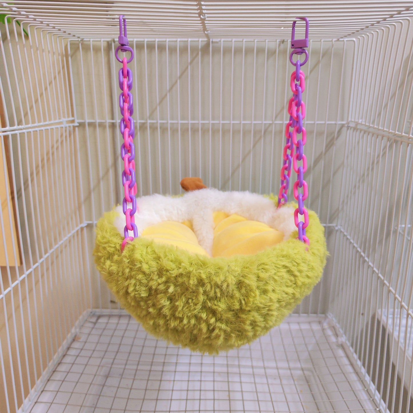 Crafted Green-Yellow Parrot Bird Durian Design Nest with Hooks & Plastic Chains, Hanging Birdhouse for Cage, Cotton-Filled Half-Moon Shape, Comfy Sleeping Spot for Pet Birds