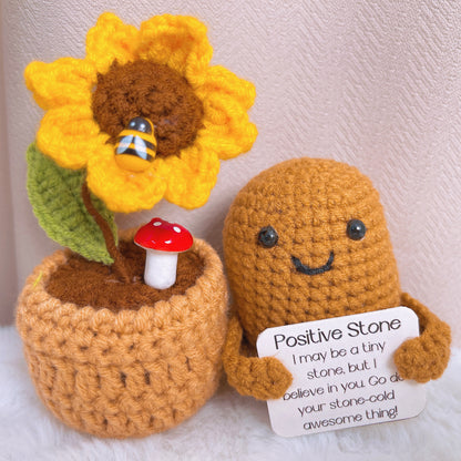 (Custom Quote) Handmade Crochet Positive Zen Stone with Knitted Flowers Pot Potato New Year Resolution Stay Strong