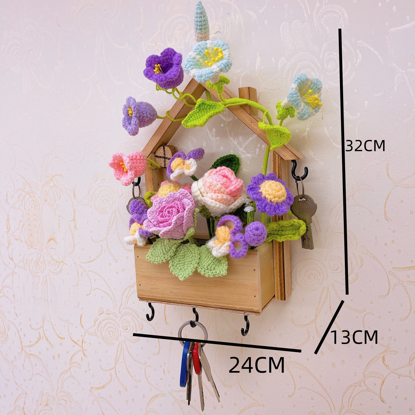 Handgefertigter Schlüsselhalter aus Holz als Wanddekoration mit floralem Hakendesign – rustikale Heimdekoration – perfekt für Eingangsbereiche und Geschenke