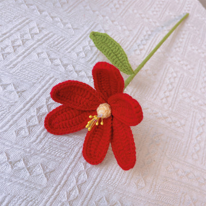Purpurrote Harmonie: Handgefertigter gehäkelter Blumenstrauß – leuchtende Rot- und Weißtöne – Rosen, Tulpen, Lilien, Gänseblümchen, Eukalyptustanz