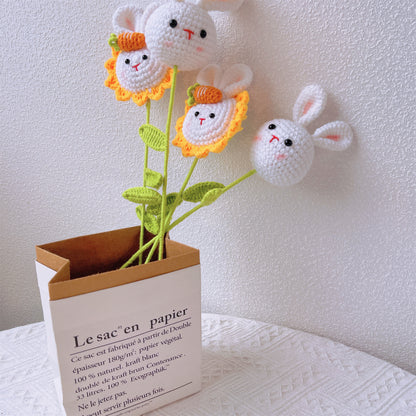 Bunny Bliss: Handcrafted Crochet Cute Bunny Head Stake with Bunny and Sunflower Finish for a Whimsical Garden Decor