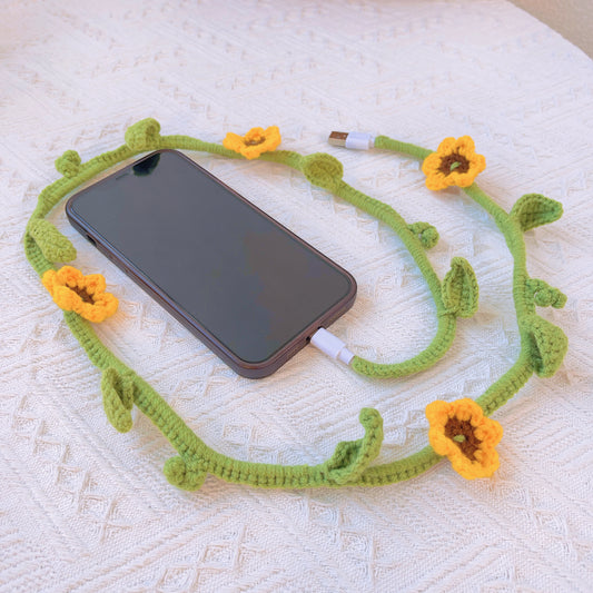 Sunflower Power: Hand-Crocheted Fast Charging USB iPhone Cable with Rapid Charging Rate