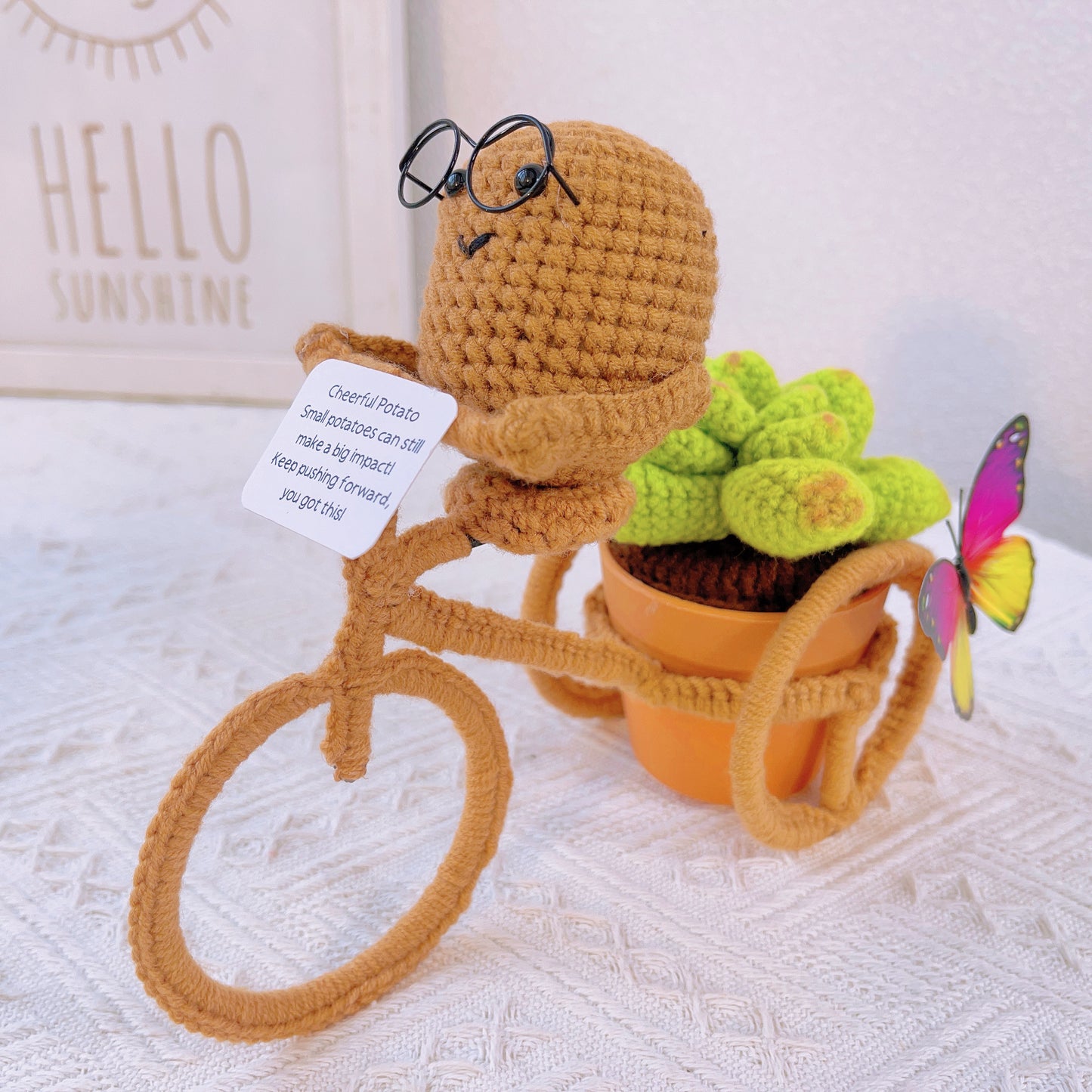 Hand-Crocheted Cheerful Potato Succulent Cactus Bicycle Décor - Unique Home Decoration Centerpiece Birthday Gift Desk Workspace