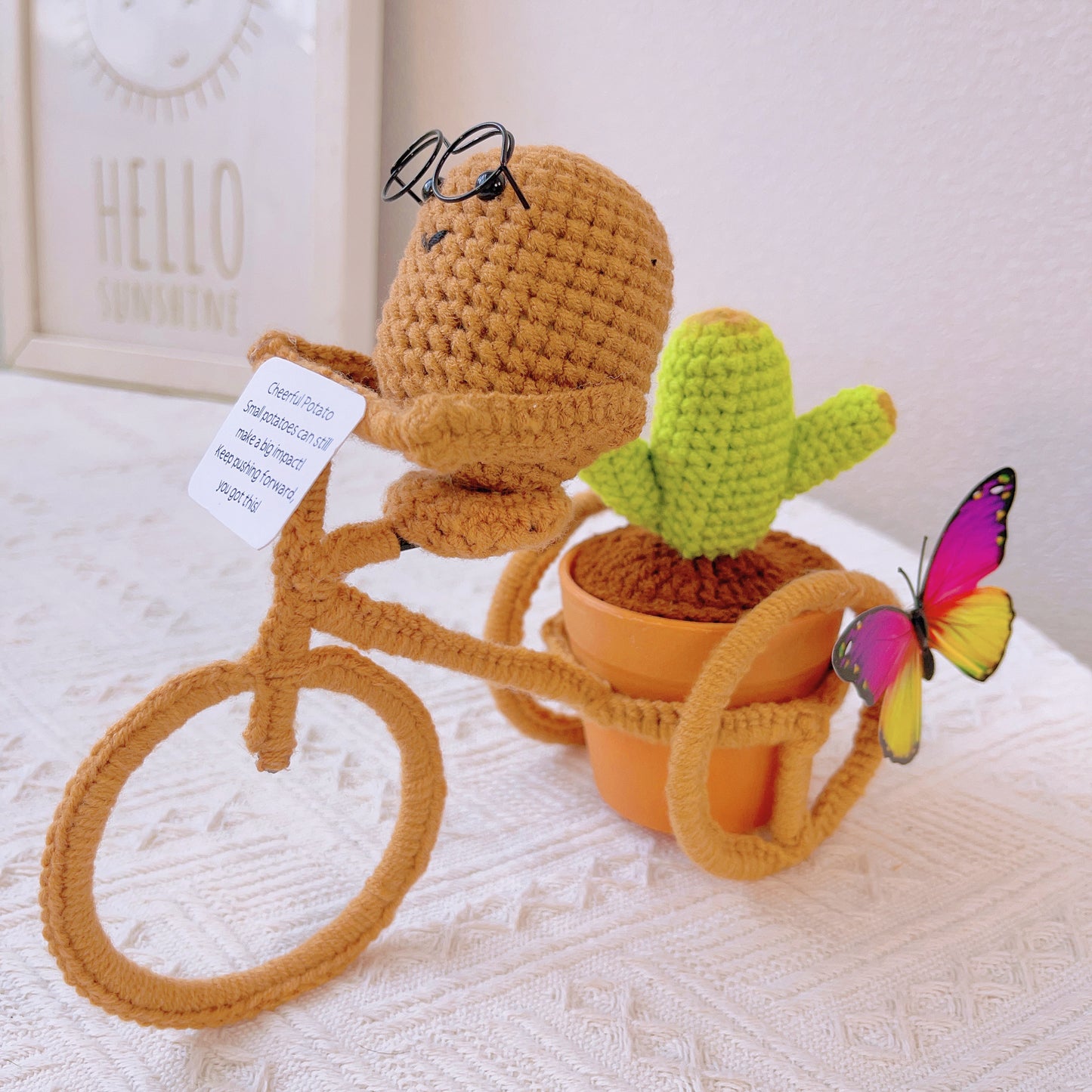 Hand-Crocheted Cheerful Potato Succulent Cactus Bicycle Décor - Unique Home Decoration Centerpiece Birthday Gift Desk Workspace