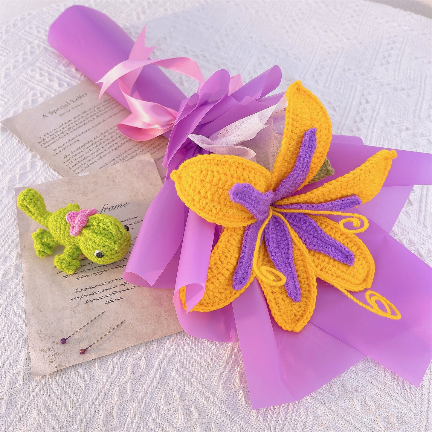 Crochet Sundrop Chameleon Flower Stake Bouquet Tangled Rapunzel Inspired