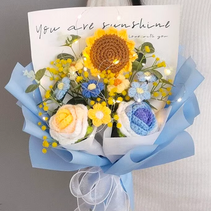 Handmade Crocheted Luminous Joy Bouquet - Roses, Sunflowers, and Puffs Bouquet