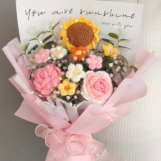 Handcrafted Crochet Radiant Bloom Bouquet - Pink Bouquet of Roses, Sunflowers, and Puffs - Delicate, Romantic, and Perfect for Any Special Occasion