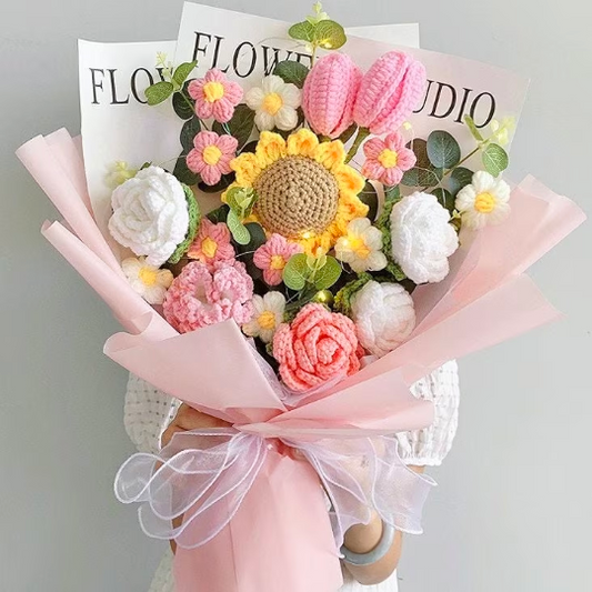 Elegant Handmade Crocheted Pink Delight Spring Theme Easter Bouquet with Roses, Tulips, Sunflowers, Pom-Poms, and Carnations