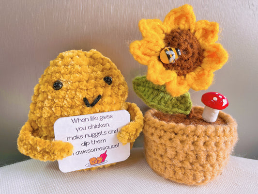 Crochet Nugget and Mini Plant Pot Bundle with Positive Quote - Recovery Inspiring Gift New Year Resolution