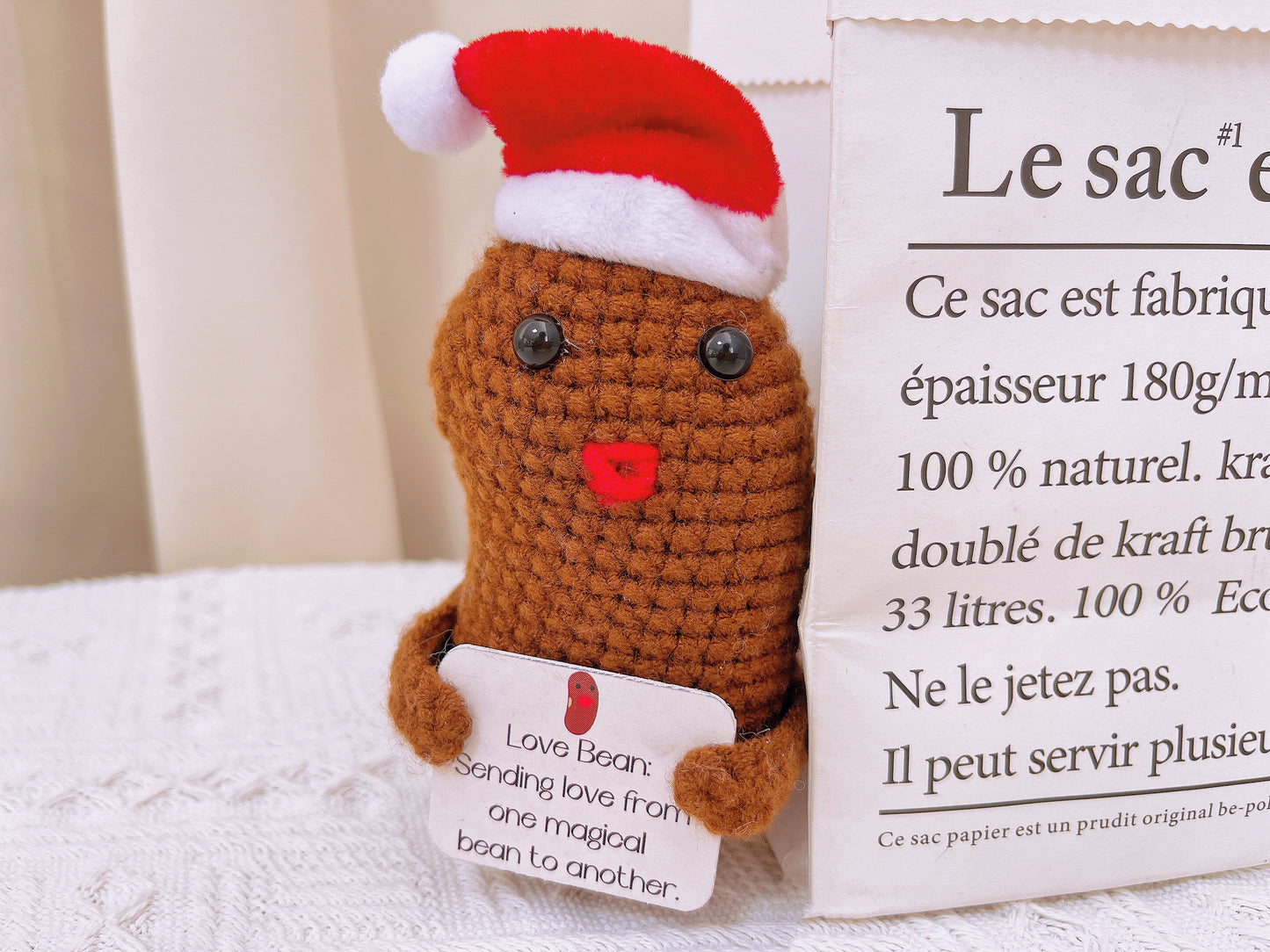Handcrafted Love Bean with Cozy Christmas Hat and Greeting Card - Perfect for Holiday Decor and Gifting