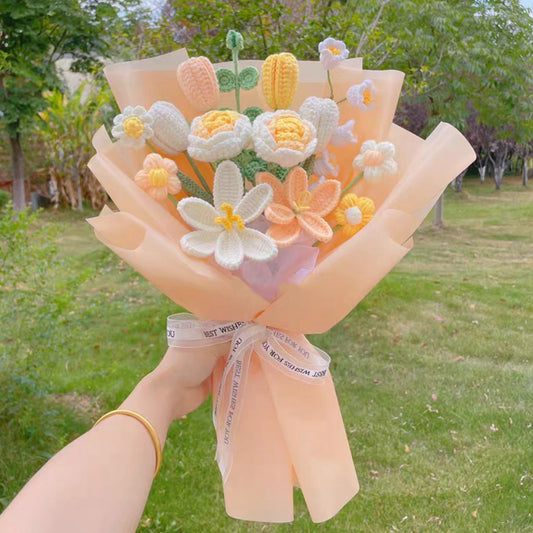 Gorgeous Handmade Crocheted Sweet Sunshine Bouquet with Roses, Tulips, Lilies, Eucalyptus & More - Perfect for Valentine's Mother's Day orAny Occasion