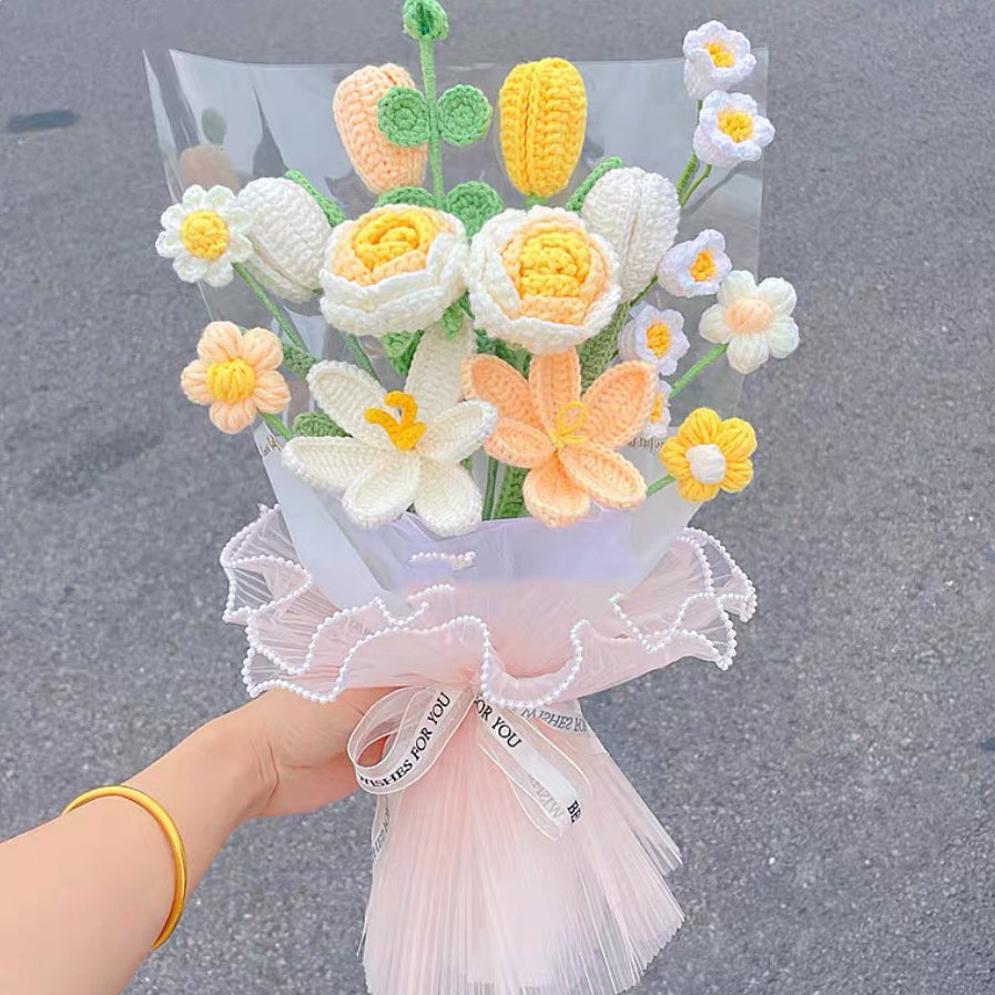 Gorgeous Handmade Crocheted Sweet Sunshine Bouquet with Roses, Tulips, Lilies, Eucalyptus & More - Perfect for Valentine's Mother's Day orAny Occasion