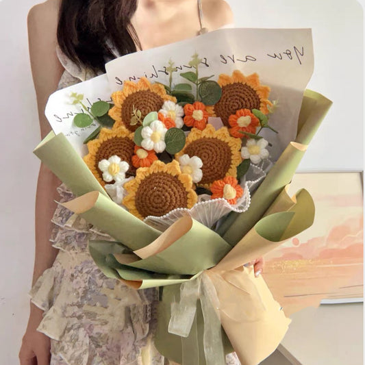 Bouquet de tournesols et de fleurs gonflées au crochet fait à la main – Cadeaux réfléchis, décoration de pièce maîtresse pour la maison