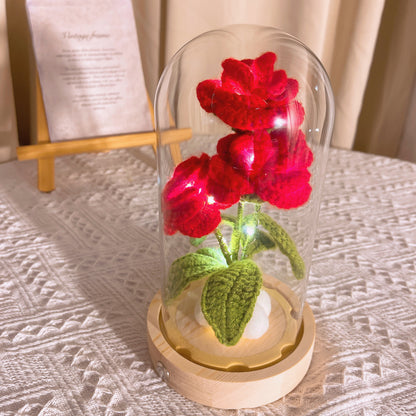Lanterne rose au crochet enchantée faite à la main avec abat-jour en verre, base en bois et alimentation par batterie - Cadeau d'anniversaire de la Saint-Valentin