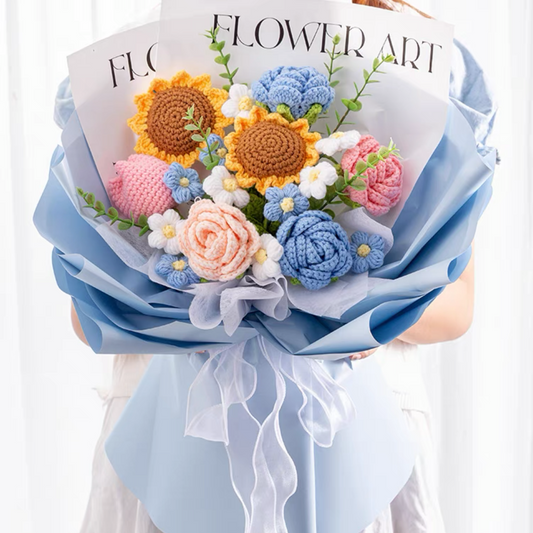 Elegant Blue Handmade Crocheted Bouquet: Sunflowers, Tulips, Puffs, and Roses