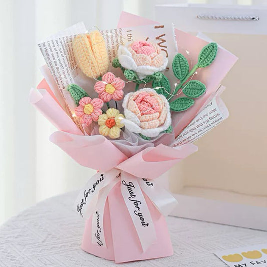 Handmade Crocheted Sweet Pastel Pink Bouquet of Roses, Tulips, Posies, and Greenery