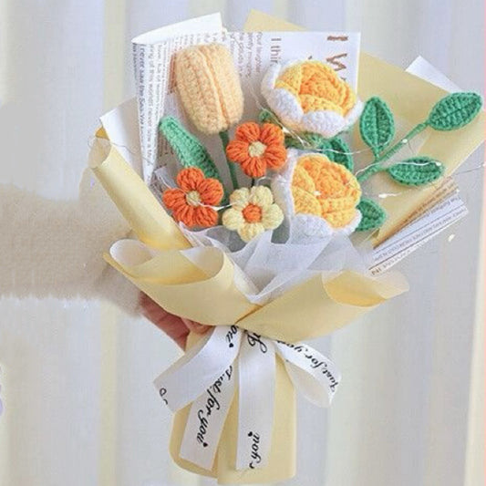 Sunshine Serenade: Handcrafted Yellow Blossom Bouquet - Radiant Roses, Tulips, Puffs & Greenery