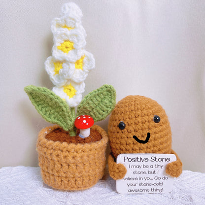 (Custom Quote) Handmade Crochet Positive Zen Stone with Knitted Flowers Pot Potato New Year Resolution Stay Strong