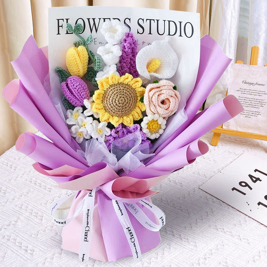 Blooming Artistry: Handcrafted Crocheted Lavender Mixed Bouquet - A Vibrant Tapestry of Love and Celebration - Lavender, Roses, Daisies, Forget-me-nots, Tulips