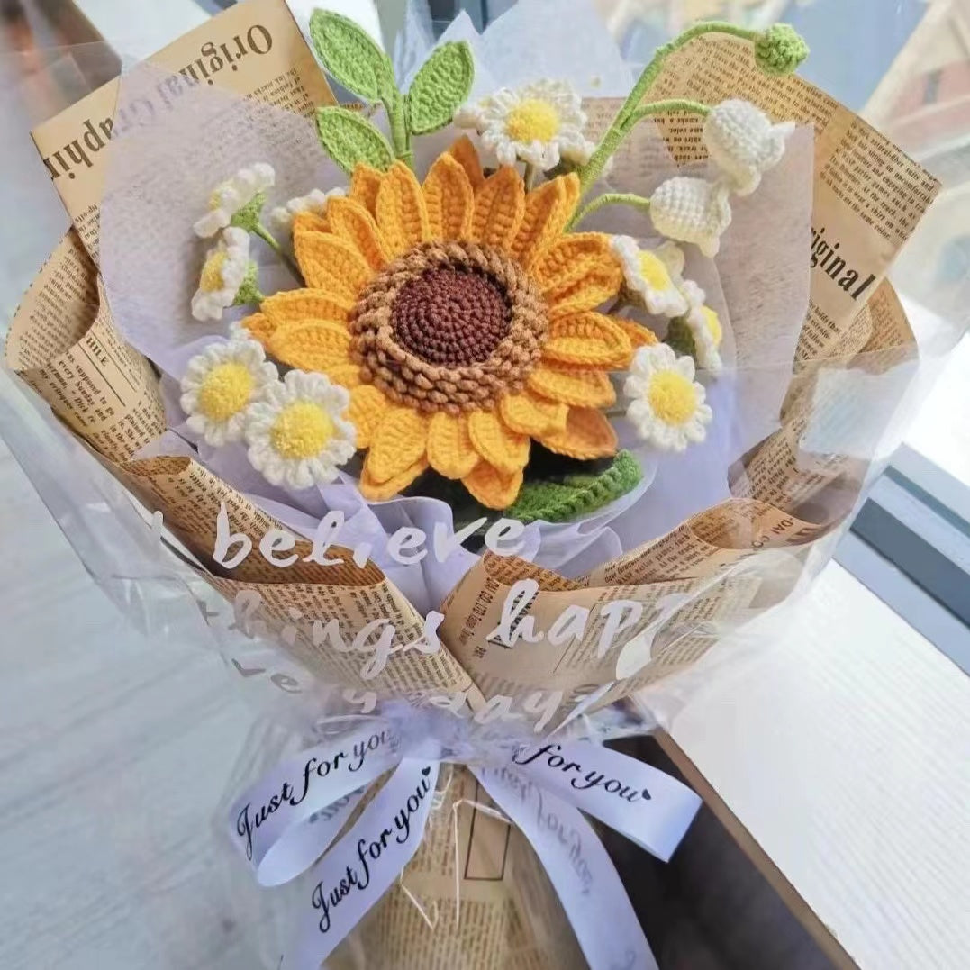 Handcrafted Burst of Summer's Delight Crocheted Bouquet - Sunflowers, Lilies, Greenery, and Daisies