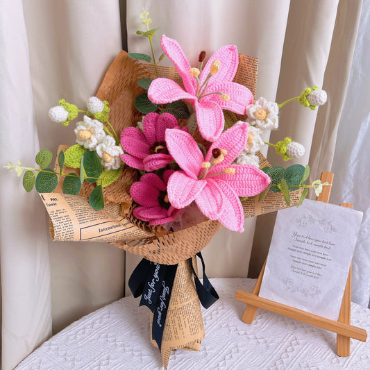 Bouquet de fleurs personnifié au crochet, fait à la main, d'inspiration vintage, avec jasmin, magnolia et lys