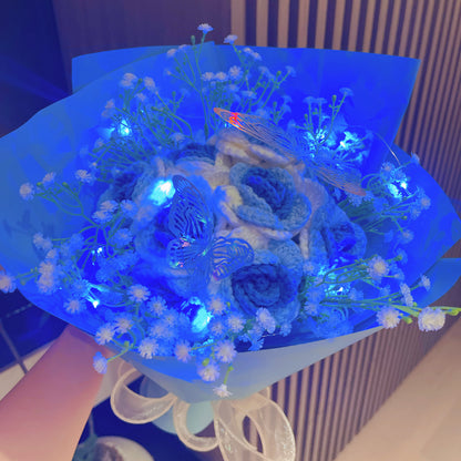 Frozen White-to-Blue Gradient Roses Bouquet with White Baby's Breath and Vibrant Colorful Butterfly Accents, Beautifully Wrapped in Light and Dark Blue Papers, Ideal for Princess-like Celebrations