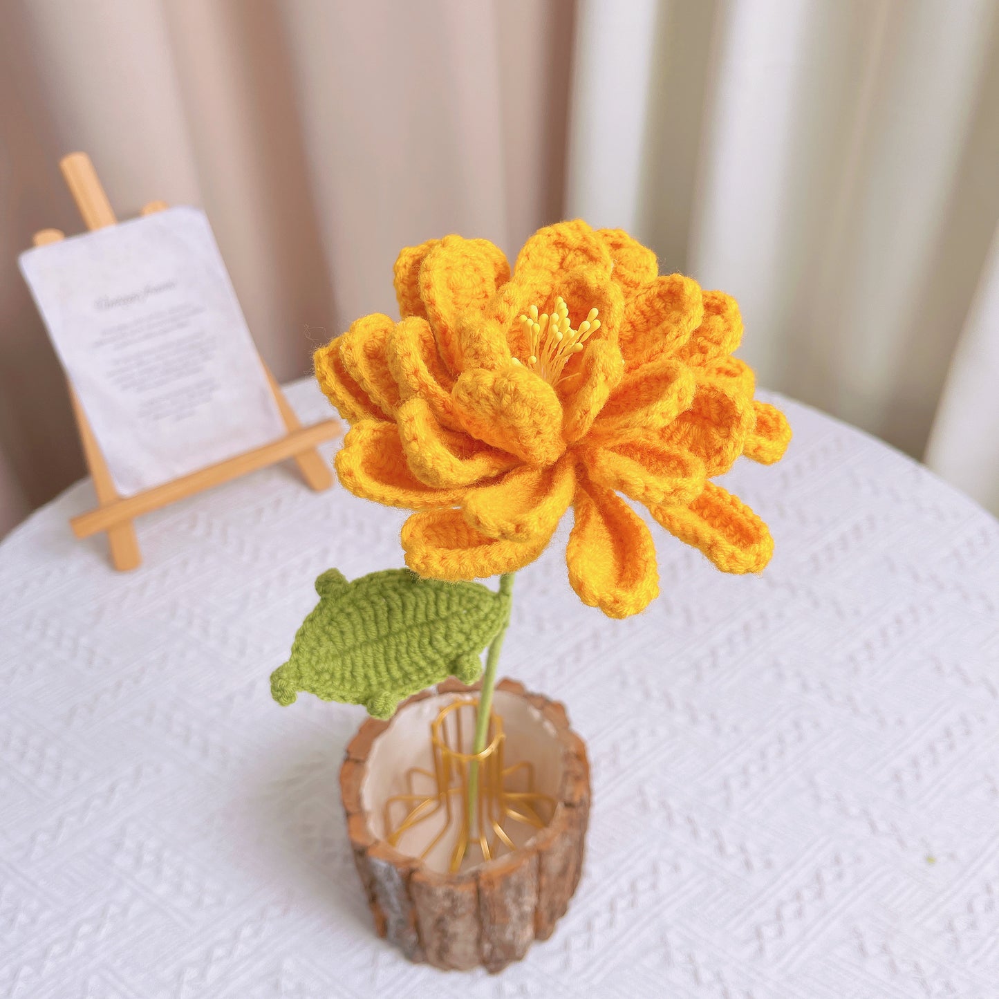 October Birth Month Marigold Bouquet - Hand-Crocheted Single Stem Birthday Flower Arrangement with Festive Wrapping