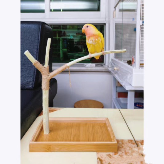 Natural Wooden L-Shaped Parrot & Bird Perch Station, Handcrafted Bird Entertainment Toy with Playful Accessories Eco-Friendly Birdcare Item for Feathered Friends