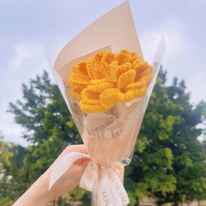October Birth Month Marigold Bouquet - Hand-Crocheted Single Stem Birthday Flower Arrangement with Festive Wrapping
