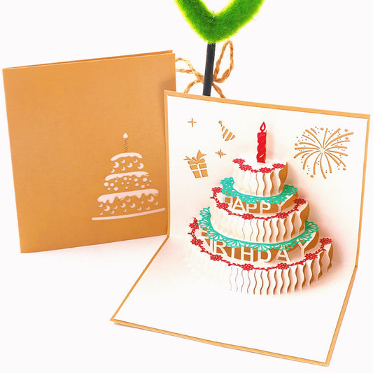 Birthday Cake Greeting Card with Yellow Envelope - 3D Design Unfolds to "HAPPY BIRTHDAY"