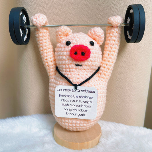 Handcrafted Crochet Journey to Greatness Piggy Figurine - Customizable Personalized Message Inspirational Embrace Challenge & Unleash Strength with Barbell Accessory and Wooden Base Birthday Graduation Celebration Gift