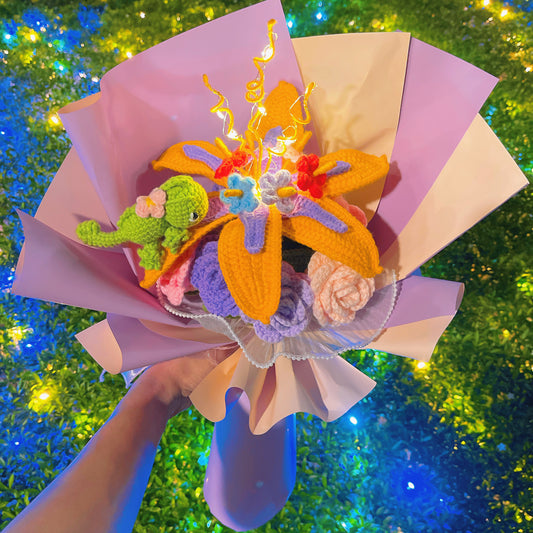 Bouquet caméléon au crochet Princess Sundrop avec 8 roses - Cadeau d'anniversaire pour la célébration de l'obtention du diplôme de la petite amie et de la femme