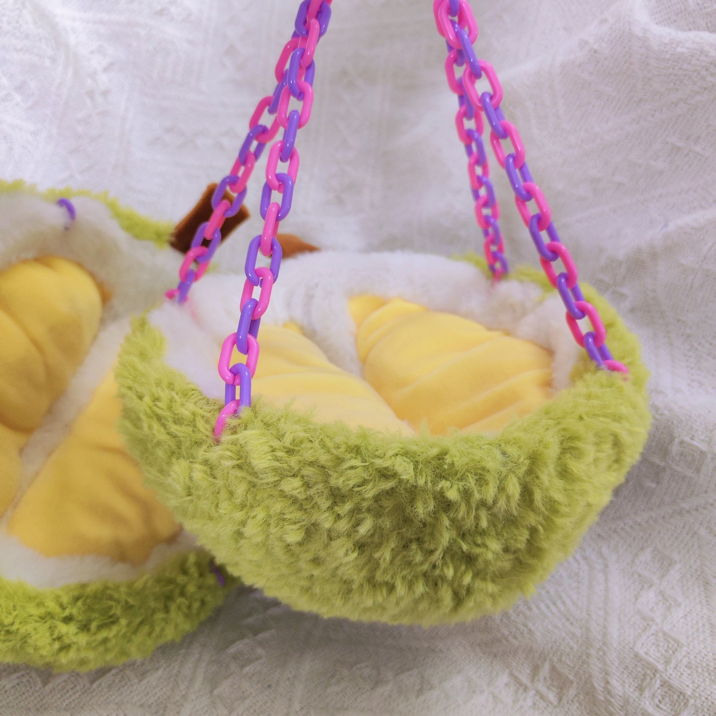 Crafted Green-Yellow Parrot Bird Durian Design Nest with Hooks & Plastic Chains, Hanging Birdhouse for Cage, Cotton-Filled Half-Moon Shape, Comfy Sleeping Spot for Pet Birds