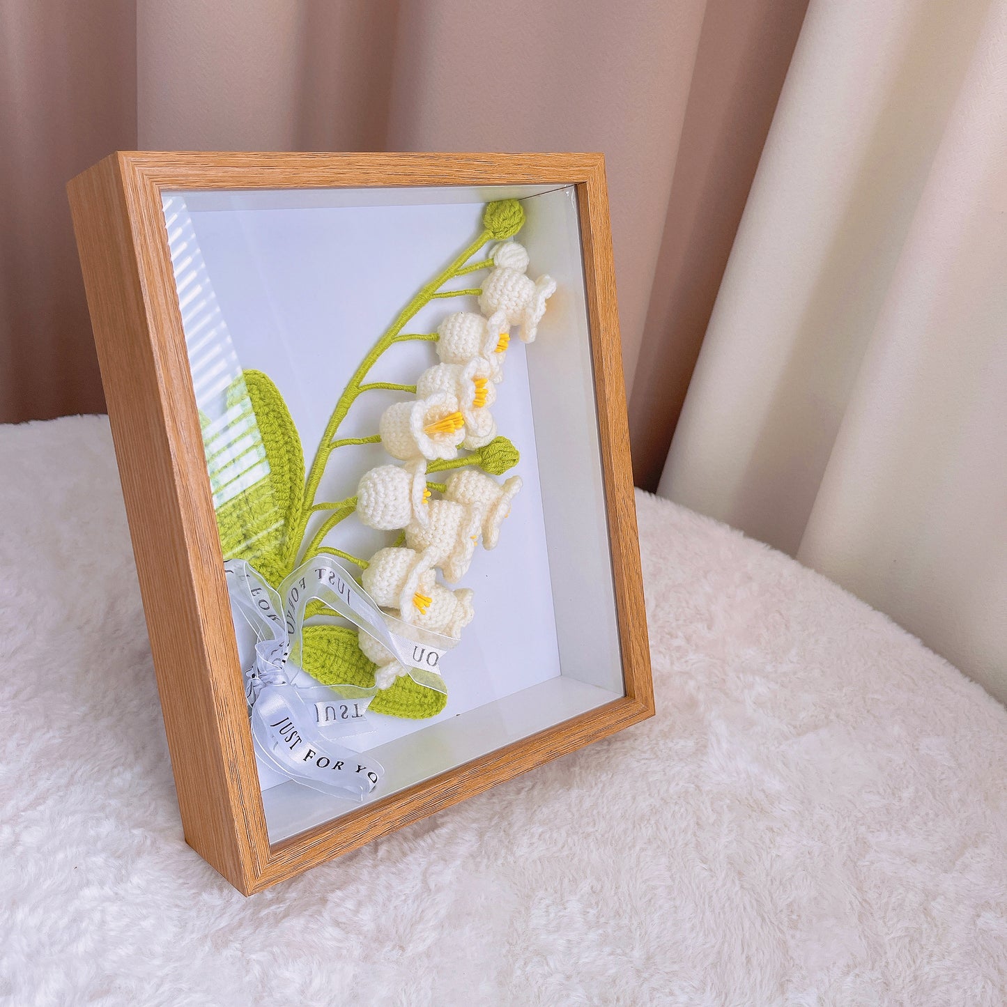 Handmade Lily of the Valley Crochet in Photo Frame - Wooden Wall Decor, Tabletop Display, Unique Wedding Gift, Anniversary, Mother's Day