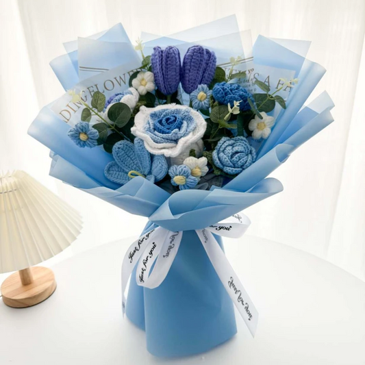 Blue Hues Handcrafted Crochet Flower Bouquet - Featuring Large Ombre White to Blue Roses, Light Blue Blooming Tulips, Dark Blue Unopened Tulips, Light & Dark Blue & Ombre White to Blue Mini Roses for Home Décor & Special Occasions