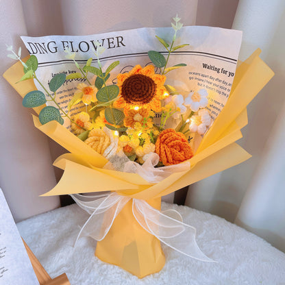 Handmade Sunflower Crochet Bouquet Arrangement with Rose, and Cream Puff with Money Leaf and Baby's Breath – Perfect Allergy-Friendly Gift for Birthday Anniversary Get Well – Available in Pink, Blue, Purple, and Yellow Wrapping