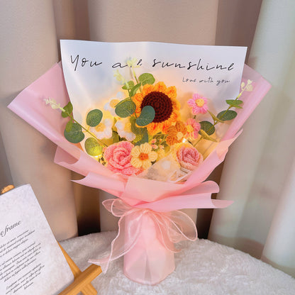 Handmade Sunflower Crochet Bouquet Arrangement with Rose, and Cream Puff with Money Leaf and Baby's Breath – Perfect Allergy-Friendly Gift for Birthday Anniversary Get Well – Available in Pink, Blue, Purple, and Yellow Wrapping