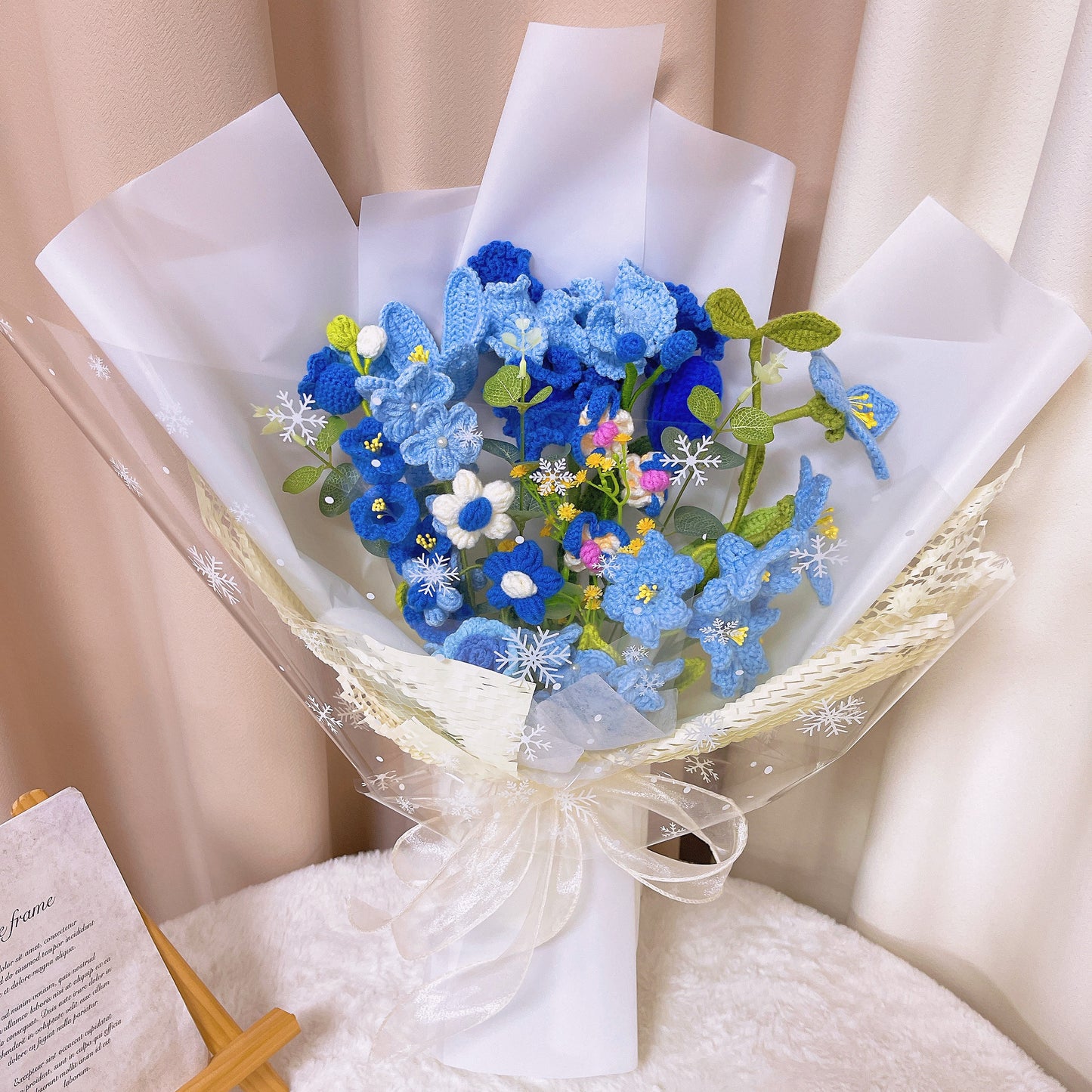 Handcrafted Crochet ALL BLUE Floral Arrangement Bouquet with White Wrapping and Delicate Snowflake Design