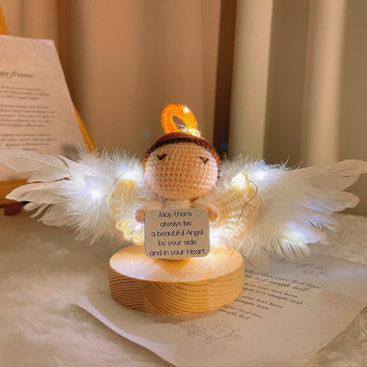 Crochet Angel Figure with Customizable Inspirational Card - Decorative Handcrafted Spiritual Gift with LED Lights for Anxiety Relief, Get Well Gift, Christmas, Catholic, Christian, and Emotional Support