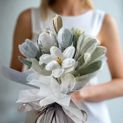 Handcrafted Crochet White and Gray Color Scheme Bouquet - Tulips, Daisies, and Sword-Shaped Packaging