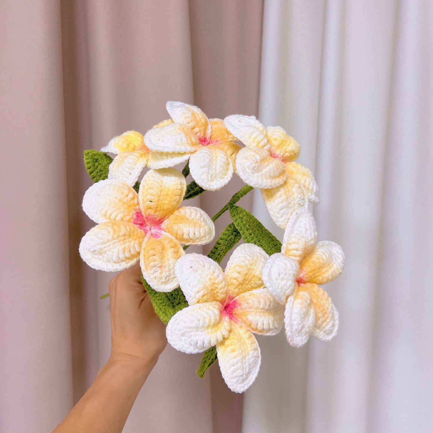 Handcrafted Crochet 12 Frangipani Bouquet with White and Silver Packaging - Yellow Petals with Orange Cores