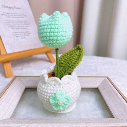 Handcrafted Crochet Tulip White Potted Plant with 5 Color Options - Pink, Purple, Yellow, Blue, Mint - Ideal for Home Decor, Birthday Anniversary Housewarming Gifts