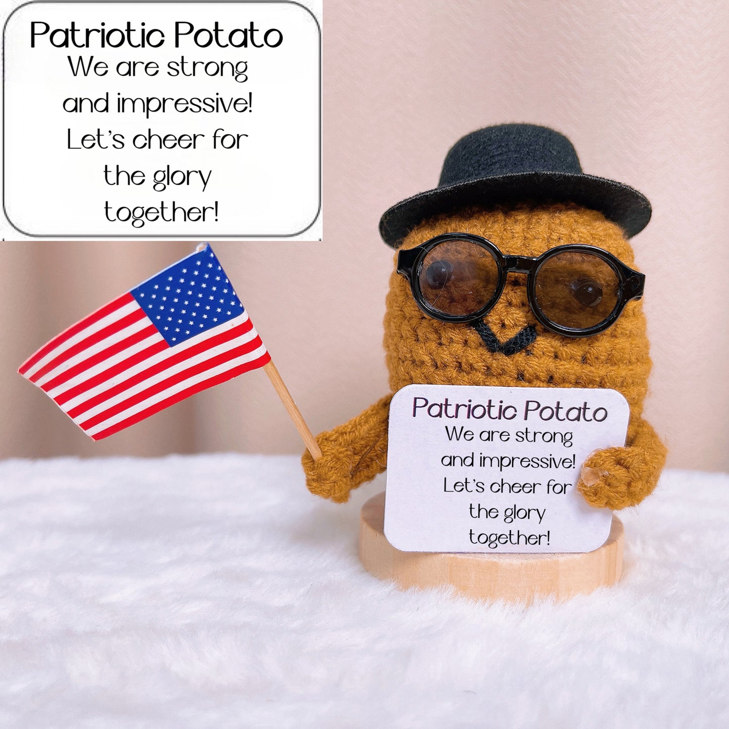 Patriotisches, positives Kartoffel-Plüschtier zum Häkeln mit Nationalflagge – einzigartiges, auffälliges Dekor für Unterstützer des Heimatlandes, Olympia-Veteranen-Stolz, Soldatendenkmal, Unabhängigkeitstag, USA, Großbritannien, Australien