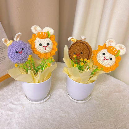 Handmade Crochet Planter with LED Lights, Sunflower Rabbit and Purple/Brown Rabbit Designs - Decorative Flower Pot for Home, Garden, Housewarming, Mother's Day