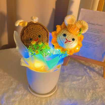 Handmade Crochet Planter with LED Lights, Sunflower Rabbit and Purple/Brown Rabbit Designs - Decorative Flower Pot for Home, Garden, Housewarming, Mother's Day