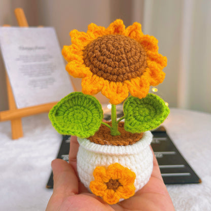 Handcrafted Crochet Sunflower Planter - Sunflower Bloom, Green Leaves, Brown Soil - Unique Home Decor, Floral Centerpiece, Gift for Any Occasion