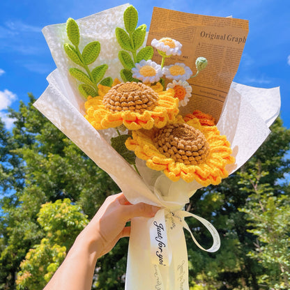 Handmade Crochet Sunflower and Daisy Bouquet in Kraft Paper Wrap with Brown Newspaper for Graduation Summer Vacation Appreciation