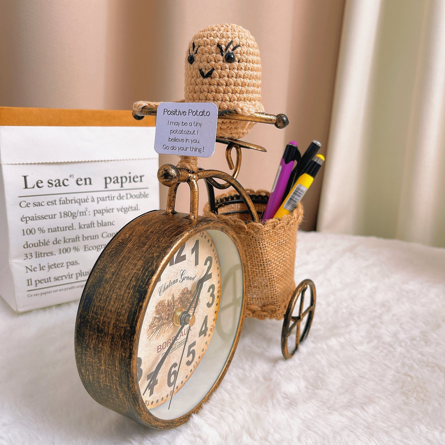 Rustic Bicycle Desk Organizer with Clock with Customizable Positive Potato Plushie